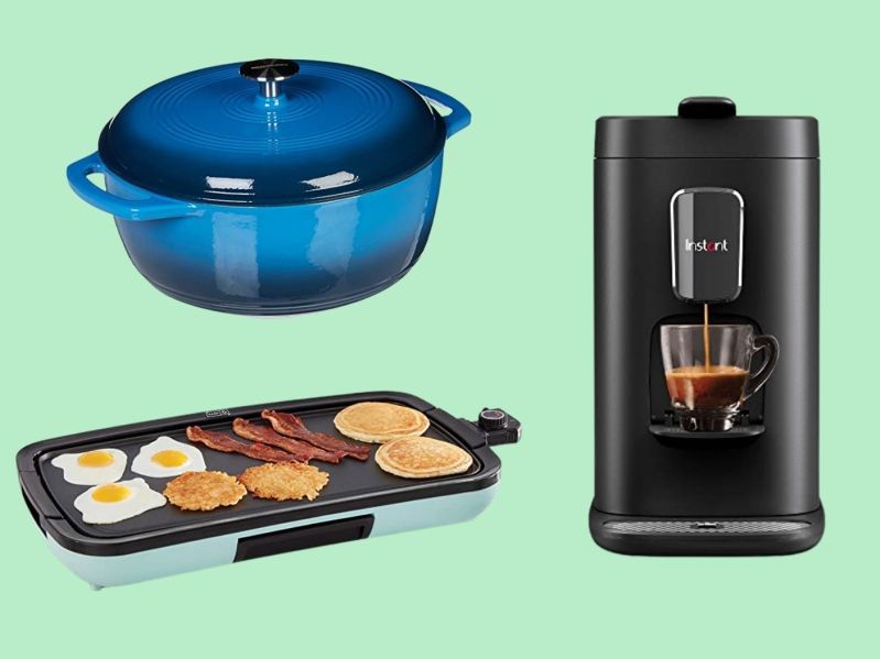 A dutch over, electric griddle, and espresso maker available for sale during Amazon Prime Days.