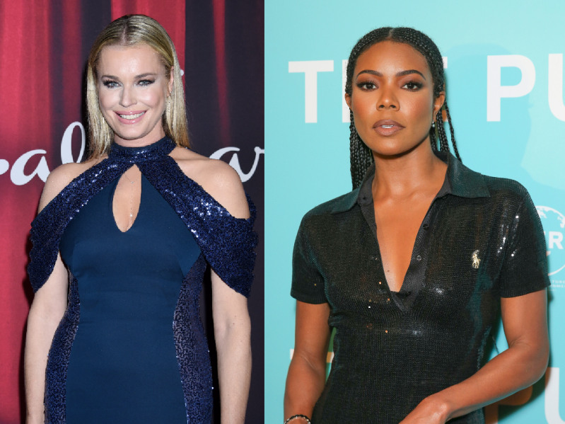 Two photos depict Rebecca Romijn, in a blue dress, and Gabrielle Union, in a black top