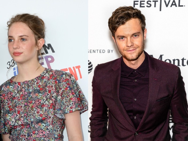 Two separate photos show Maya Hawke (left) wearing a floral dress and Jack Quaid wears a burgundy suit on the red carpet