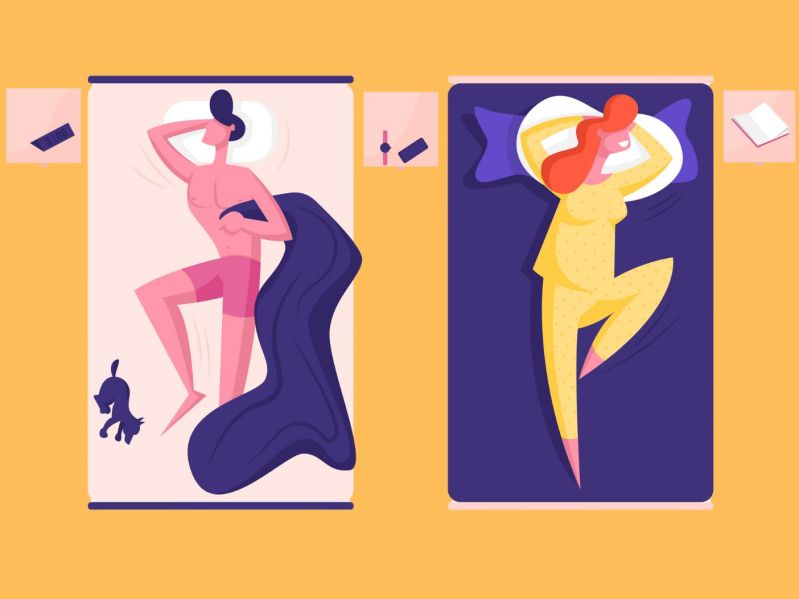 Male and Female Character Sleeping on Separated Beds. Naked Man Hugging Blanket, Little Dog Lying beside, Woman Wearing Pajama Sleep with Hands under Head