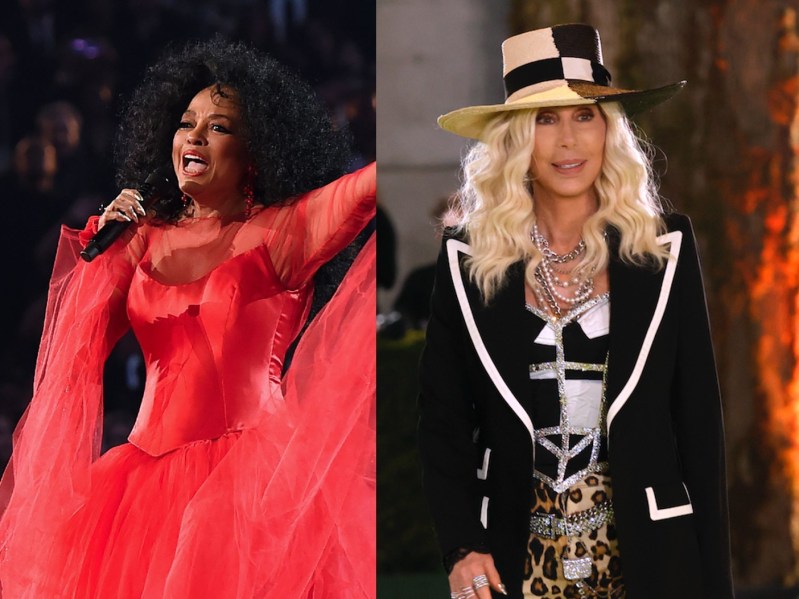 Split image (L): Diana Ross performing onstage with microphone wearing red gown, (R): Cher dressed in patterned black and white top and blazer with checkered hat