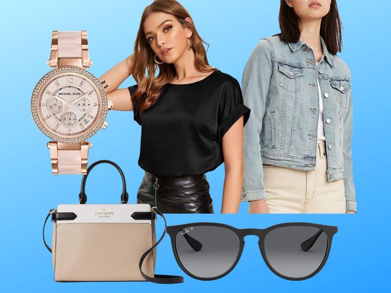 Michael Kors watch, Floerns black silk blouse, Levi's jean jacket, Kate Spade satchel, Ray-Bans Erika sunglasses