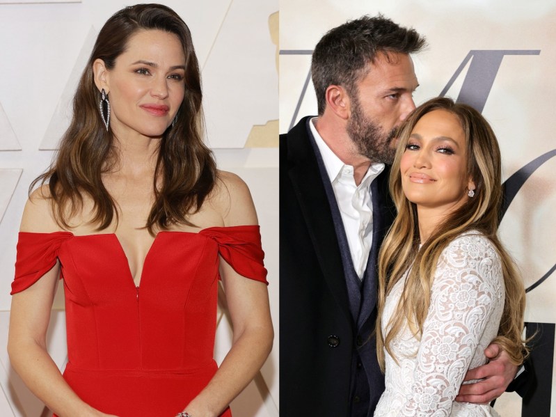 Split image of Jennifer Garner (L) in red gown and Ben Affleck/Jennifer Lopez embracing