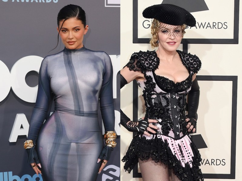 Split image (L): Kylie Jenner wearing gray/blue dress, (R): Madonna wearing all-black ensemble with matching hat