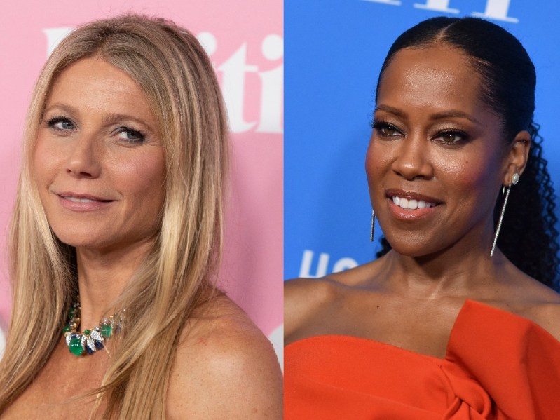 Gwyneth Paltrow wears a strapless dress in the photo on the left. On the right, Regina Hall wears an orange strapless dress