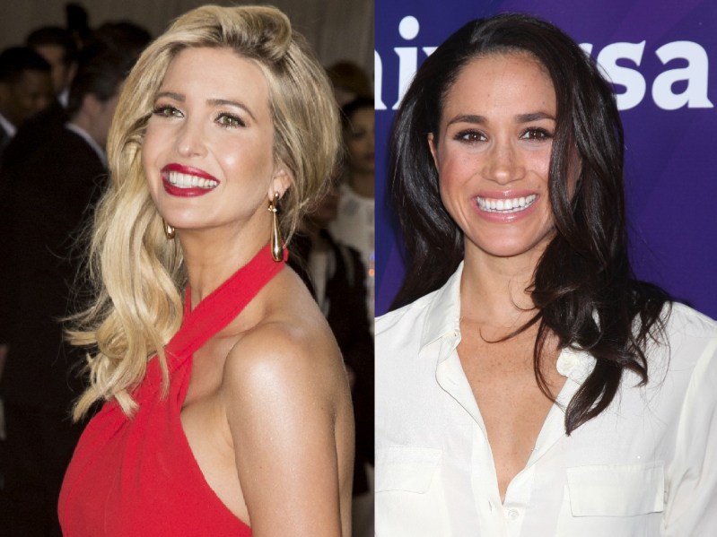 Two photos show Ivanka Trump (left) wearing a red dress and Meghan Markle (right) wearing a white blouse
