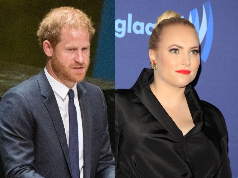 Split Image (L): Prince Harry speaking in classic suit and tie, (R): Meghan McCain wearing black suit jacket against blue background