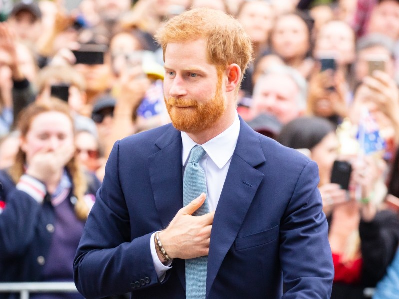 Prince Harry wears a blue suit as he walks through a crowd at a royal event