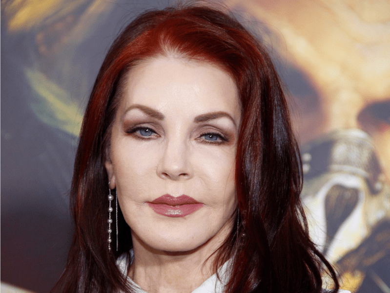 Priscilla Presley smiling in a closeup photo over a patterned background
