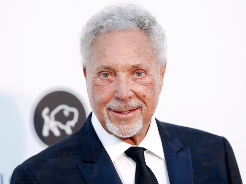 Closeup of Tom Jones wearing navy blue suit jacket with matching tie and white dress shirt