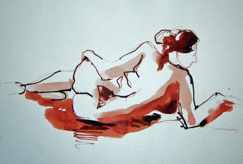 Artistic painting of a nude woman lounging on her side.