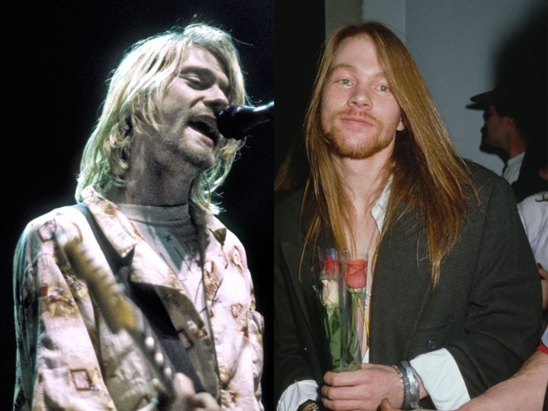 side by side archive photos of Kurt Cobain on stage and Axl Role on a red carpet