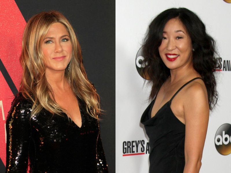 Side by side images of Jennifer Aniston and Sandra Oh both in black outfits at different red carpet events.