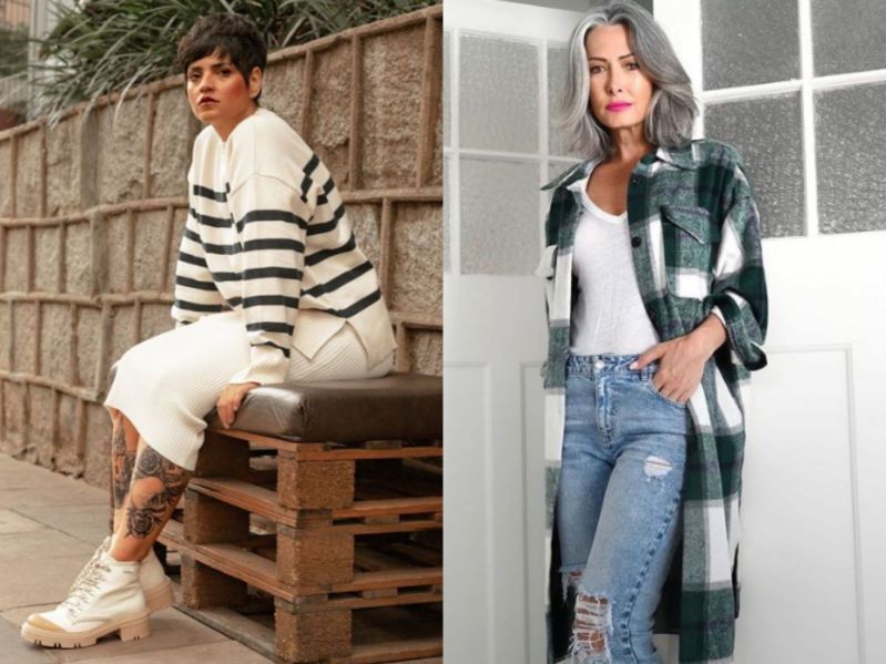 Side by side images from Instagram of midlife women rocking rocking chunky shoes and a flannel shirt.