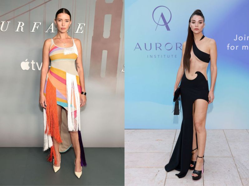 Side by side images of Thania Peck and Souraya Chalhoub wearing modern versions of the high-low aka mullet dress.