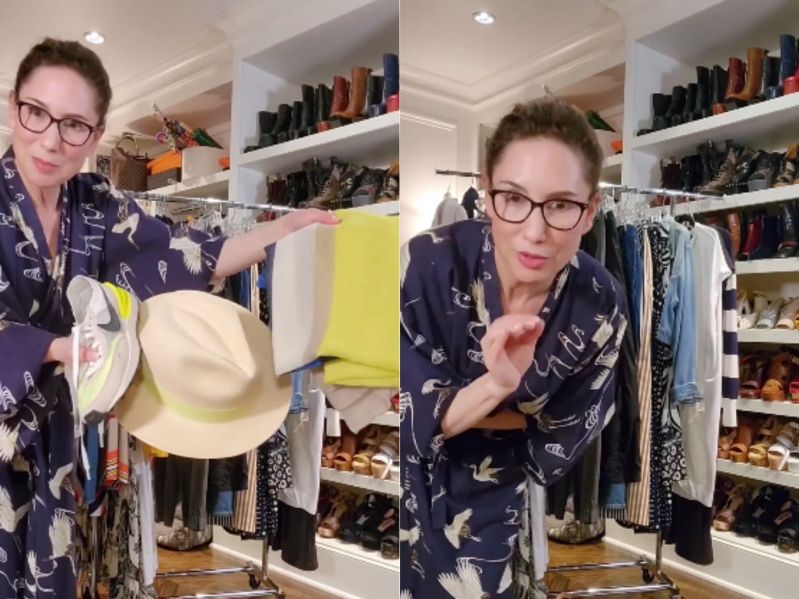 Side by side images from Carla Rockmore's Instagram video on how to pack a wardrobe for a 10-day trip.