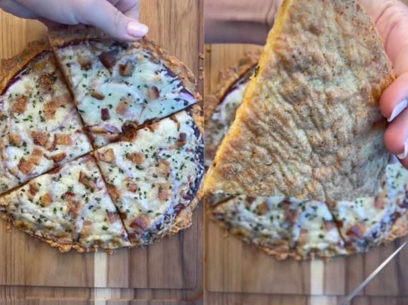 Side by side images of a BBQ chicken pizza where the crust is made from canned chicken.