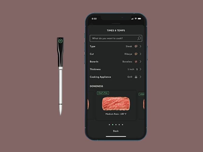 The CHEF iQ thermometer and accompanying app displayed on a smartphone