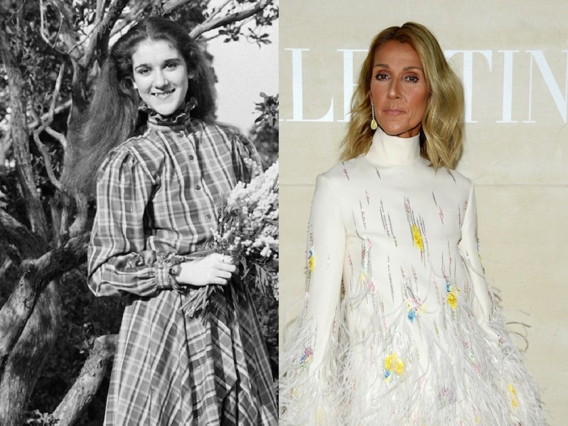 Split image (L): Black and white photo of a young Celine Dion holding flowers (R): Celine Dion in white dress against cream backdrop
