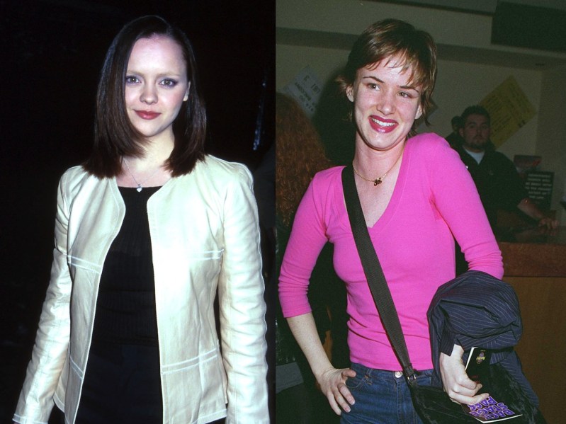 Split image (L): Christina Ricci in black shirt and white jacket (R): Juliette Lewis in hot pink top and jeans