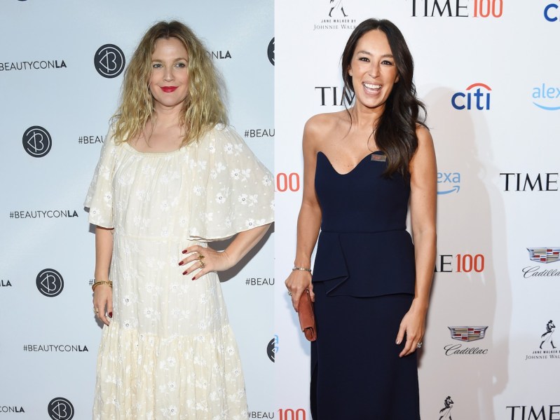 (L): Drew Barrymore posing in white dress, (R): Joanna Gaines smiling in dark navy gown