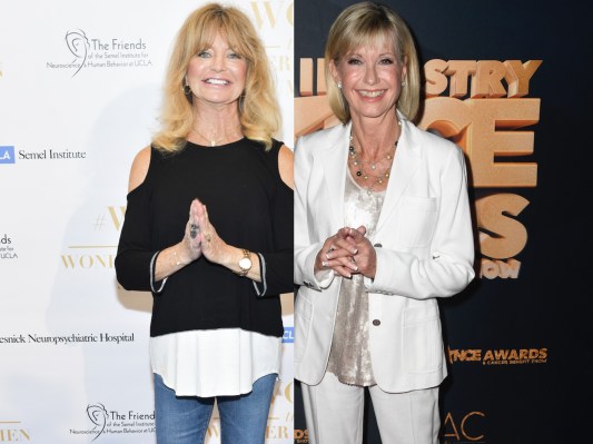 Split image (L): Goldie Hawn in black top and blue jeans, (R) Olivia Newton-John in white pantsuit