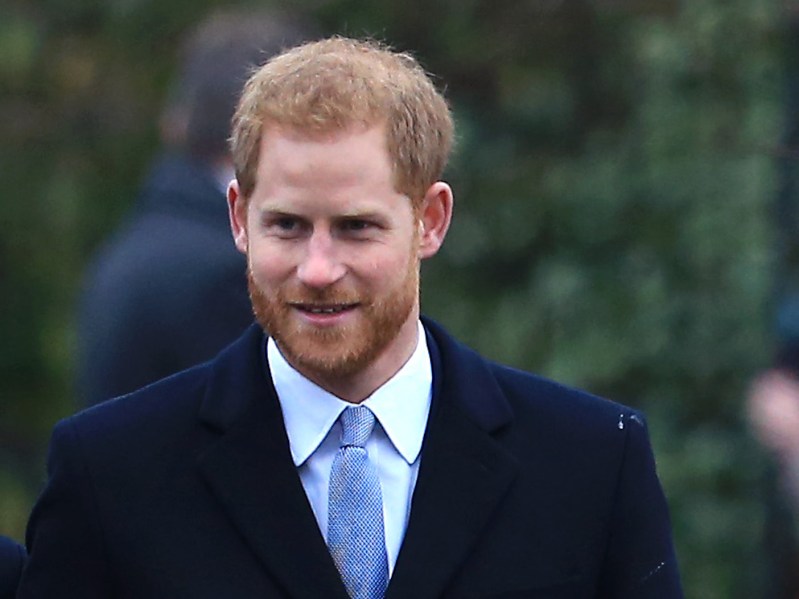 2018 photo of Prince Harry in a navy coat and blue tie