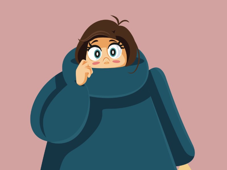 Illustration of woman with brown hair wearing oversized teal turtleneck that covers her mouth. The background of the image is pure dusty rose in color