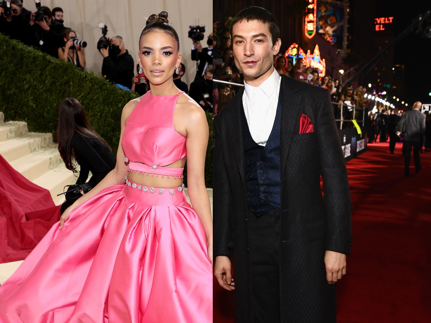 Split image (L): Leslie Grace in hot pink gown, (R): Ezra Miller in black tuxedo over white top