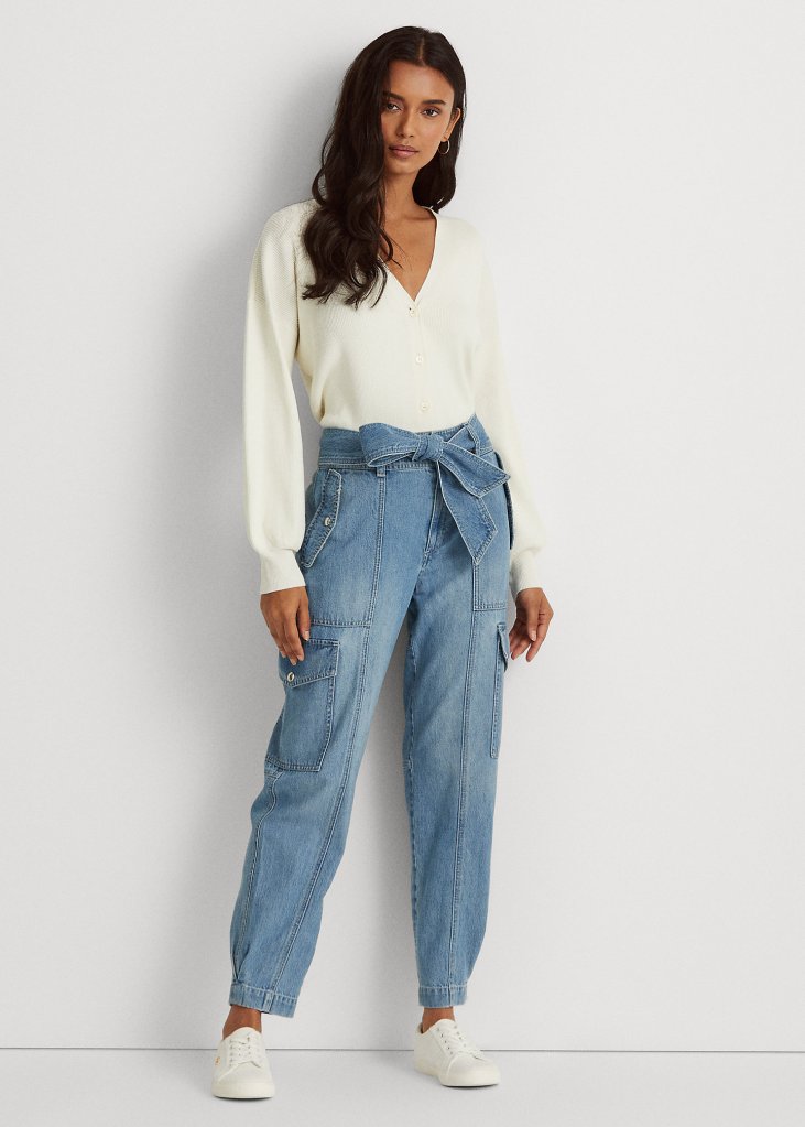 A model wears Ralph Lauren denim cargo pants