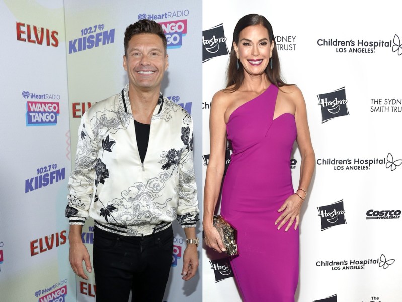 Split image (L): Ryan Seacrest in white jacket and black pants, (R): Teri Hatcher in magenta dress