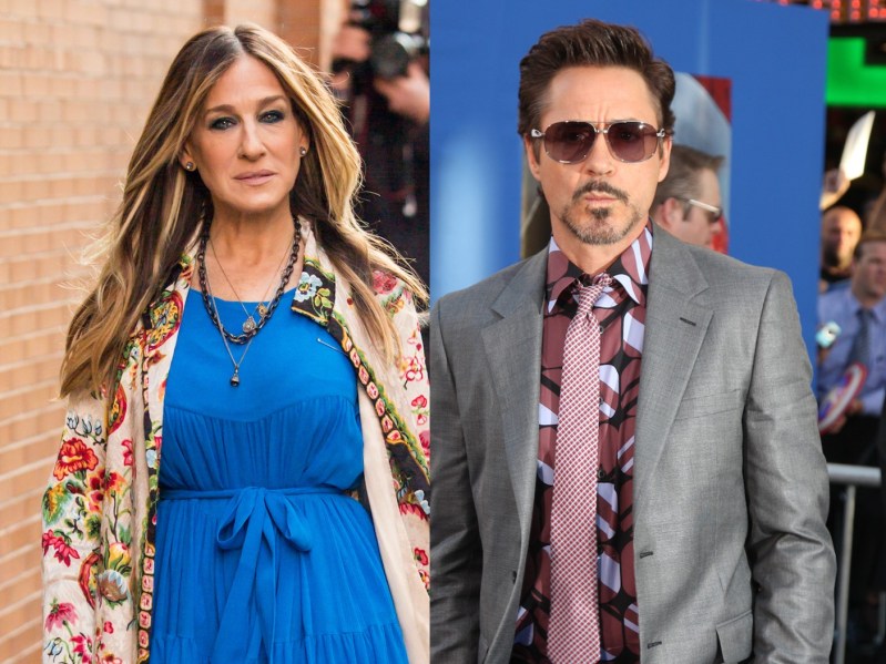 Split image (L): Sarah Jessica Parker wearing blue dress, (R): Robert Downey, Jr. Wearing gray suit and sunglasses