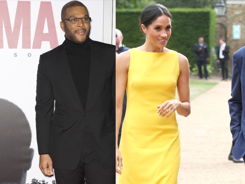 Split image (L): Tyler Perry in black suit, (R): Meghan Markle in yellow dress