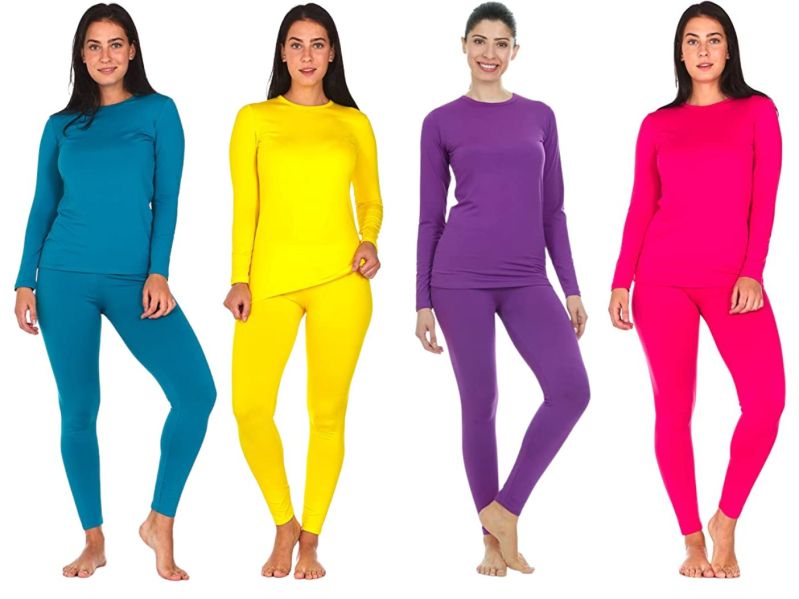 thermajane long johns in teal, bright yellow, purple, and bright pink