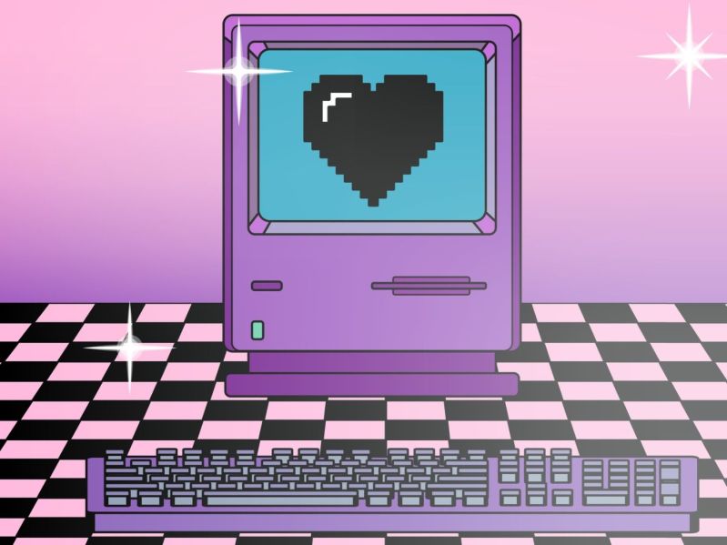 Retro vaporwave computer monitor with heart on the screen