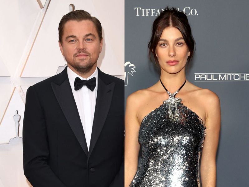 side by side photos of Leonardo DiCaprio in a tuxedo and Camila Morrone in a silver dress