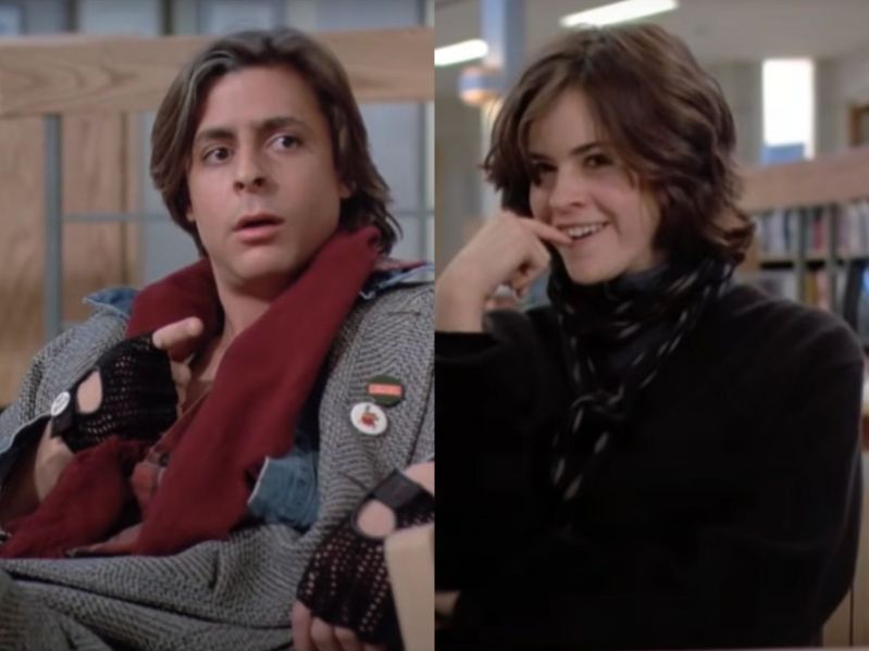 side by side screenshots of Judd Nelson and Ally Sheedy in The Breakfast Club