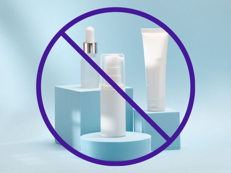 Skincare products with prohibited circle over top of them