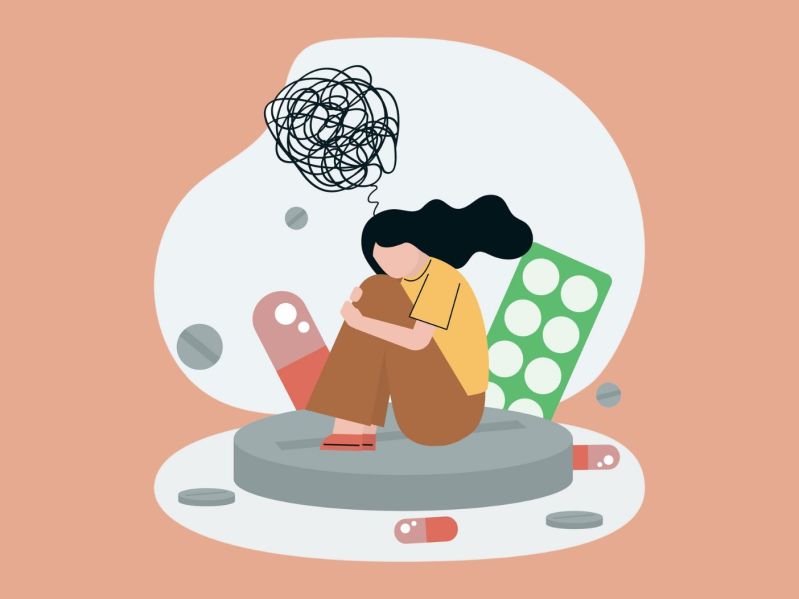 Illustration of woman with mental illness, medication, anxiety