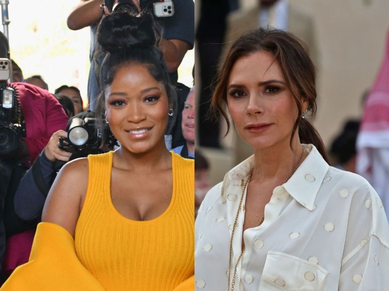 side by side photos of Keke Palmer smiling in a yellow dress and Victoria Beckham in a white blouse
