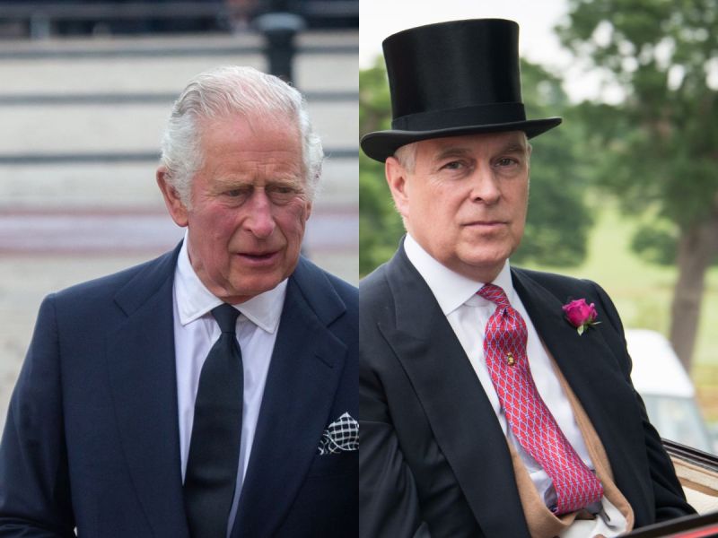 side by side photos of King Charles in a navy suit and Prince Andrew in a black suit