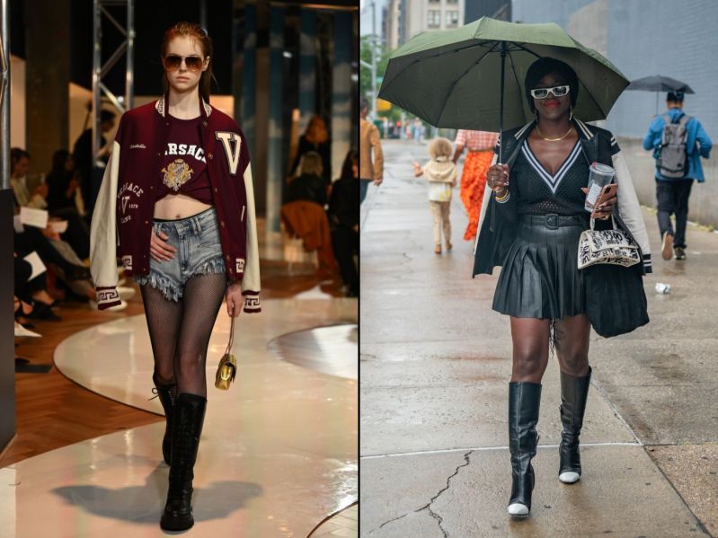 Side by side images of a model wearing a bomber jacket on the runway at a 2022 fashion show and Amanda Finesse, a fashion influencer, wearing a bomber jacket.