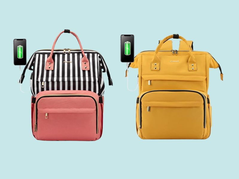 The coral and pinstripe and mustard yellow LOVEVOOK laptop bag.