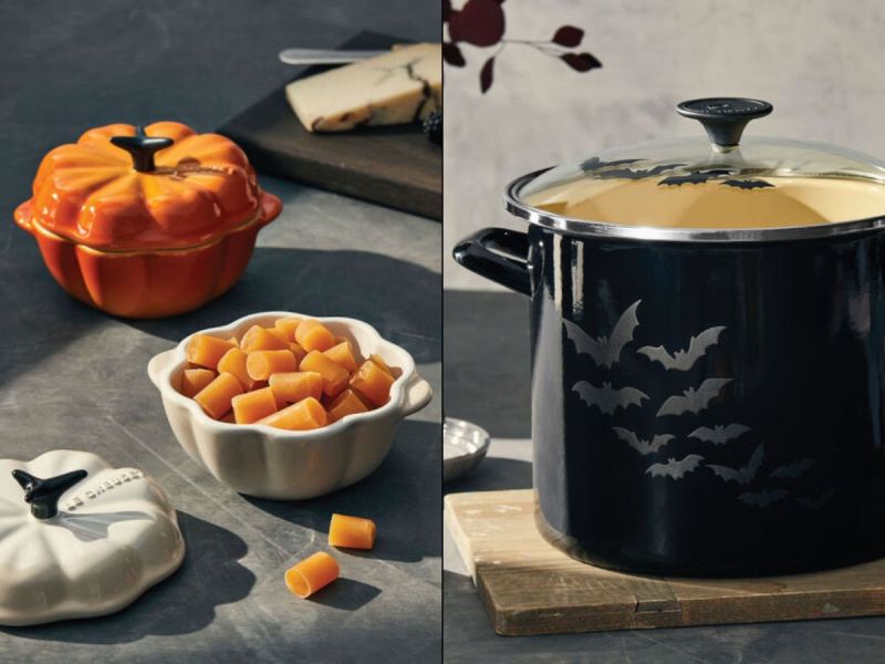 The mini pumpkin cocotte and bat stockpot from Le Creuset's autumn collection.