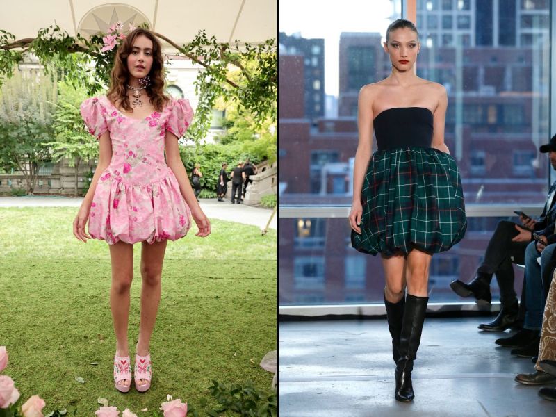 Two models wearing bubble skirt dresses to fashion events.