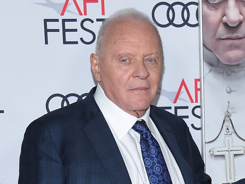 Anthony Hopkins in a navy suit in 2019