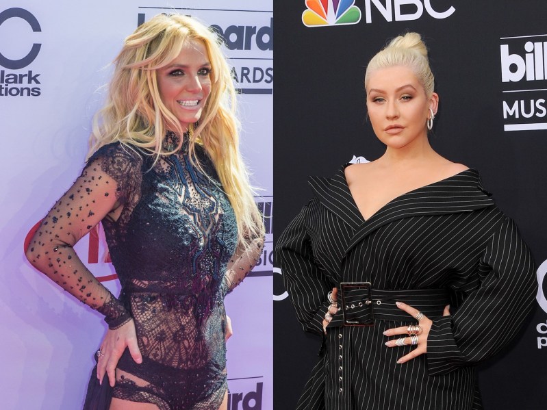 Split image (L): Britney Spears in black jumpsuit (R) Christina Aguilera in black suit dress