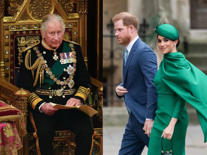 Split image (L): King Charles III sitting on throne in royal garb (R): Prince Harry and Meghan Markle walk outside while holding hands. Markle is wearing an emerald green dress and matching hat