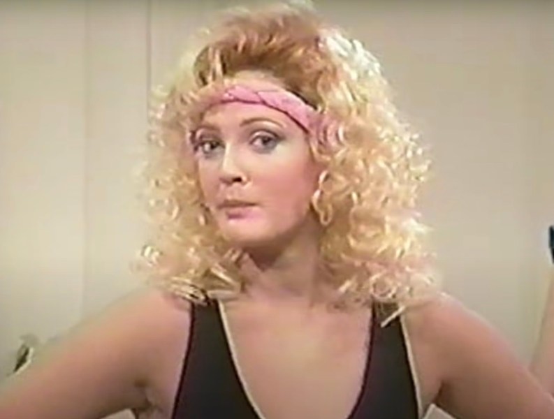 screenshot of Drew Barrymore in '80s exercise clothes on 'SNL'