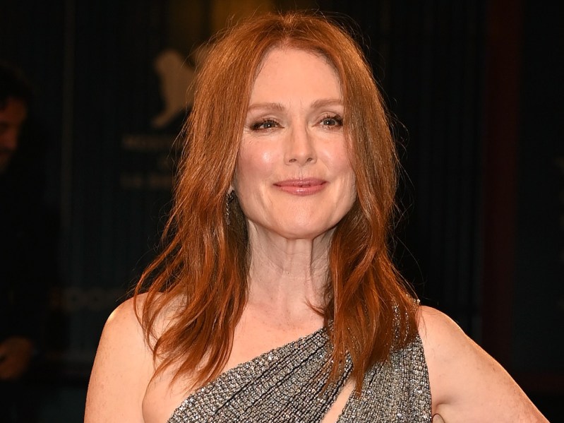 Closeup of Julianne Moore in one-shoulder sparkly silver gown